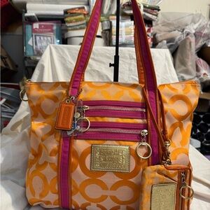 Coach Poppy Set Vibrant Orange and Pink Tote Bag w/Wristlet Wallet